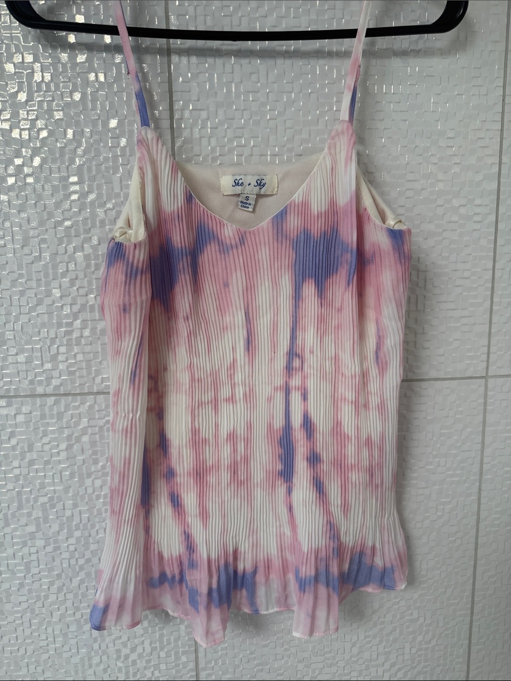 She + Sky Pink and Blue Tie-Dye Pleated Spaghetti Strap Cami